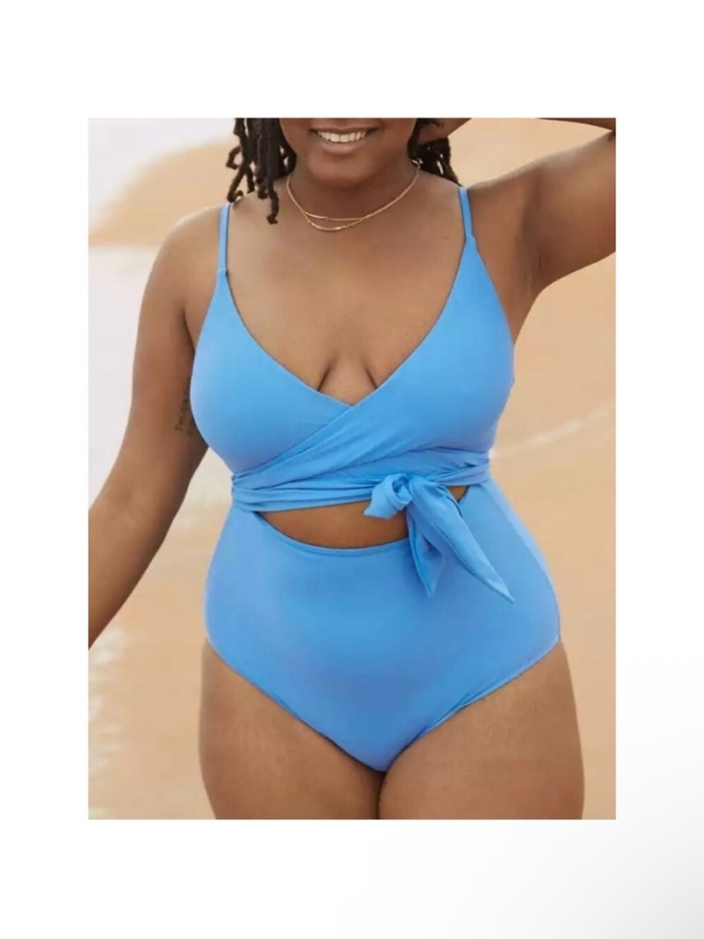 aerie Blue Pique Wrap Tie One-Piece Swimsuit XL Long